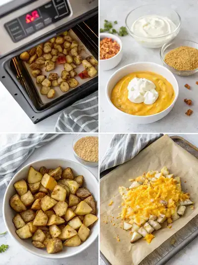 Step-by-step preparation of Taco Bell Fiesta Potatoes, showcasing the oven, mixing ingredients, arranging on a baking sheet, and final toppings.