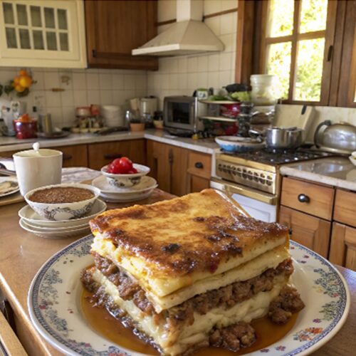 Close-up of a slice of baked pancake casserole with syrup being poured on top, rustic kitchen in the background.
