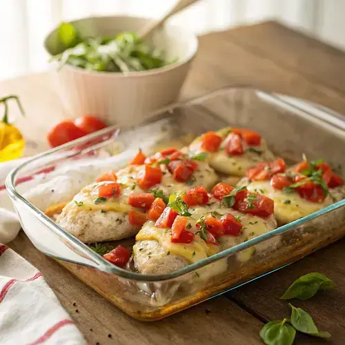 Overhead view of Bruschetta Chicken Bake with vibrant toppings and fresh basil on a rustic table.