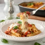 Baked ziti pasta with mozzarella cheese and fresh basil on a marble countertop.