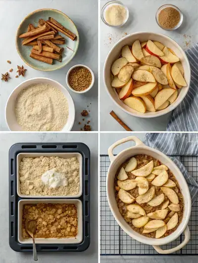 Step-by-step process of making Apple Crisp, showcasing ingredients and preparation stages.