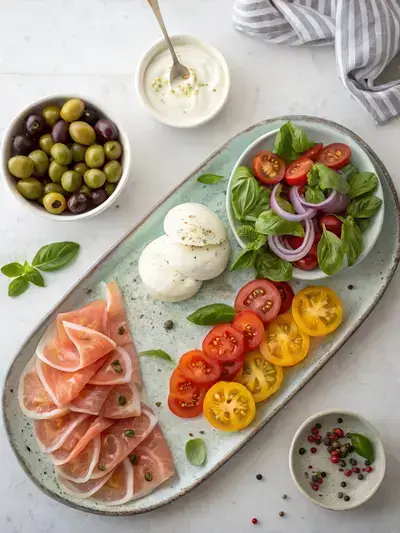 A step-by-step visual guide to preparing a burrata platter, featuring olives, pickled peppers, greens, heirloom tomatoes, onions, and burrata cheese.