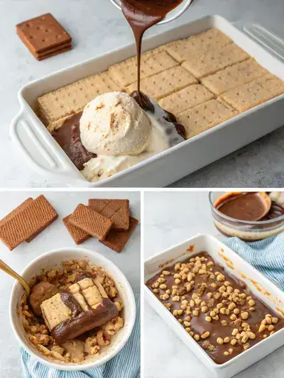 Step-by-step preparation of Buster Bar Ice Cream Cake, showing graham crackers, ice cream, hot fudge, and peanuts in a baking dish.