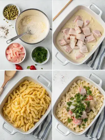 Step-by-step images of preparing Chicken Cordon Bleu Casserole, including preheating the oven, cooking pasta, mixing sauce, and combining ingredients in a casserole dish.