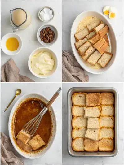 Step-by-step preparation of French Toast Bake, showcasing melted butter and brown sugar, layered bread, egg mixture, and assembled dish in a cozy kitchen setting.