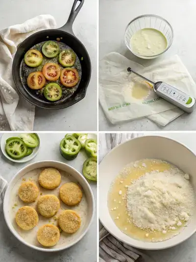 Four-step process of preparing Fried Green Tomatoes, including heating oil, preparing a plate, slicing tomatoes, and setting up a dredging station.