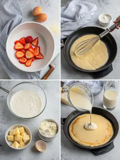 Four-step process of making Cream Filled Crepes, showcasing ingredients, cooking, and presentation.