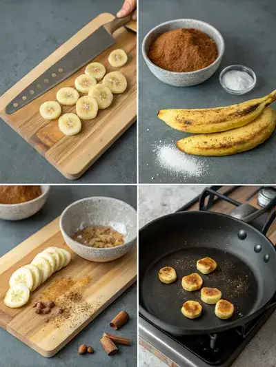 Step-by-step process of making Pan Fried Bananas, including slicing bananas, mixing cinnamon, preparing the skillet, and cooking the bananas.