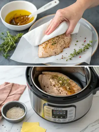 Step-by-step preparation of Instant Pot Turkey Breast, showcasing seasoning, searing, and cooking process.