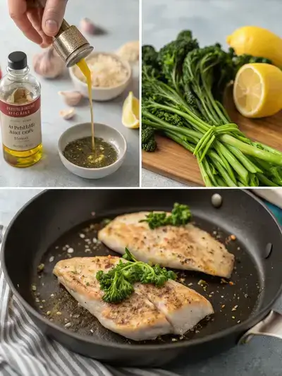 A step-by-step visual guide to preparing Lemon Chicken and Broccolini, featuring pounded chicken, searing in a skillet, sautéing garlic, and cooking with broccolini and lemon sauce.