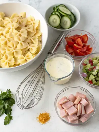 A step-by-step visual guide to preparing Loaded Bowtie Pasta Salad, showcasing the mixing of dressing, cooking pasta, coating pasta with dressing, and adding fresh ingredients.