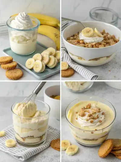 Step-by-step visual representation of making Magnolia Bakery Banana Pudding, showcasing mixing ingredients, layering in a trifle dish, and the final dessert topped with crushed wafers.