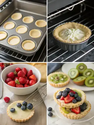 Step-by-step process of making Mini Fruit Pies, including preheating the oven, preparing pie crusts, baking, and assembling with fresh fruit.