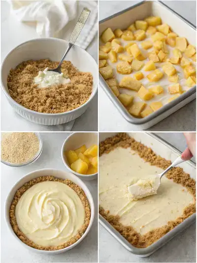 Step-by-step preparation of No Bake Banana Split Cake, showcasing mixing crust, spreading cream cheese, layering fruit, and adding pudding.
