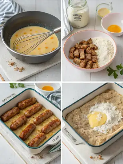 Step-by-step preparation of Pancake Sausage Casserole, showcasing greasing the dish, cooking sausage, mixing batter, and assembling the casserole.