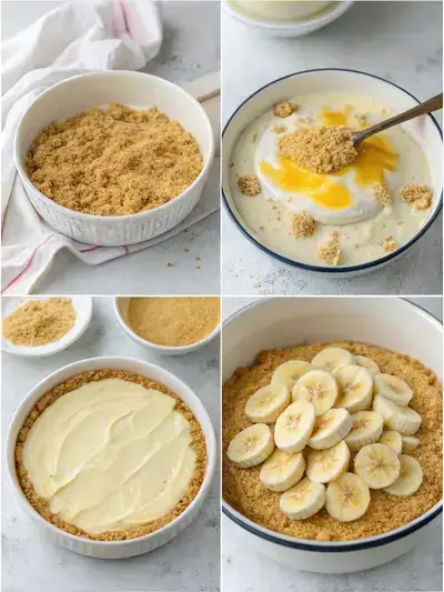 Four-step process of making Pineapple Banana Cheesecake, showing crust preparation, cream cheese layer, fruit layering, and pudding mixture application.