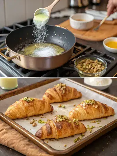 Step-by-step process of making Pistachio Croissants, including simple syrup preparation, brushing syrup on croissants, and adding finishing touches.