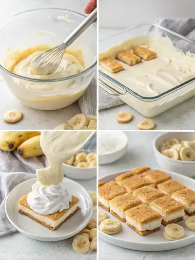 Four-step process of making Banana Eclair Cake, including whisking pudding, folding in whipped topping, layering graham crackers, and adding bananas.