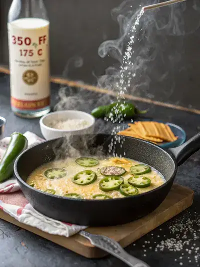 Four-part image showing the process of making battered jalapeno slices, including heating oil, preparing batter, mixing in sparkling water, and dipping jalapeno slices.