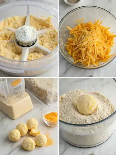 Visual representation of the steps to make Homemade Cheez-Its, including ingredients in a food processor, dough formation, and refrigeration.