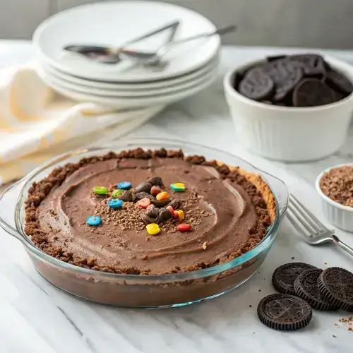 Top-down shot of a Dirt Pie with Oreo crumbs and gummy worms, surrounded by bowls of candy and milk.