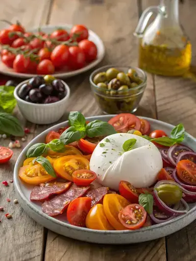 A beautifully arranged burrata platter featuring creamy burrata, heirloom tomatoes, olives, and salami on a rustic wooden table.