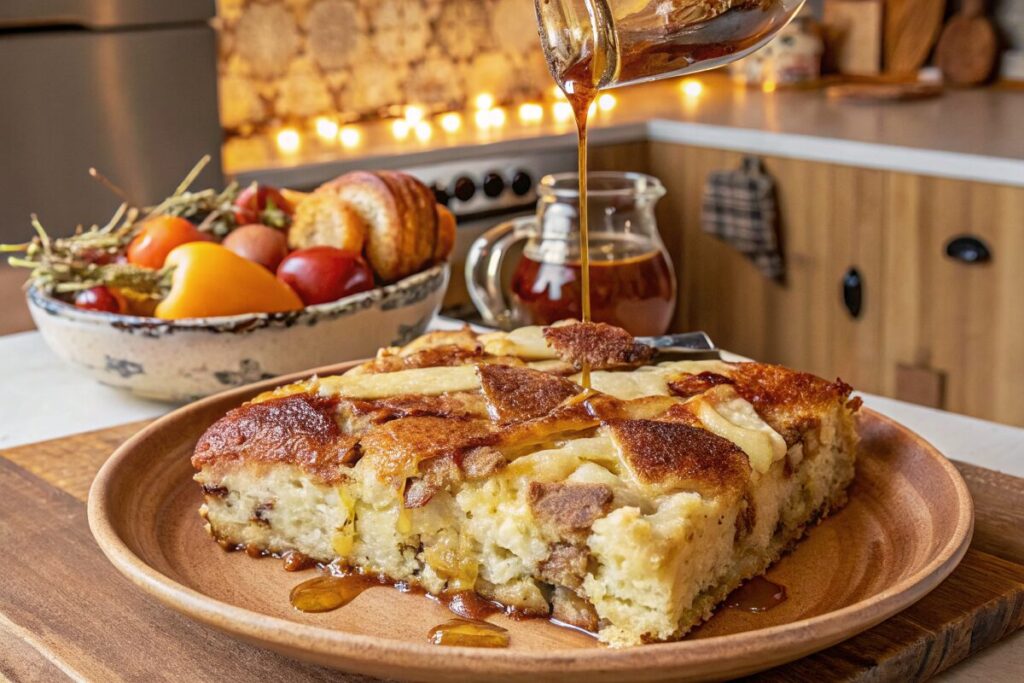 A golden apple pancake casserole slice being drizzled with maple syrup on a wooden plate in a cozy kitchen.