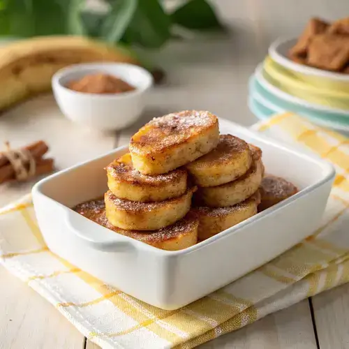 Stack of caramelized cinnamon banana slices in a ceramic dish, illuminated by soft morning light.