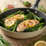 Tender pan-seared chicken fillets with broccolini and lemon slices in a rustic skillet.