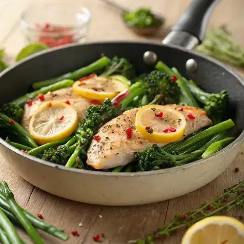 Tender pan-seared chicken fillets with broccolini and lemon slices in a rustic skillet.